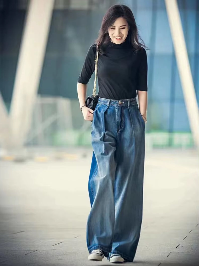 Jeans Women'S Wide-Leg Jeans 2022 Y2K Streetwear High Waist Vintage Trousers Casual Simple Blue Buttons Straight Denim Long Pant.