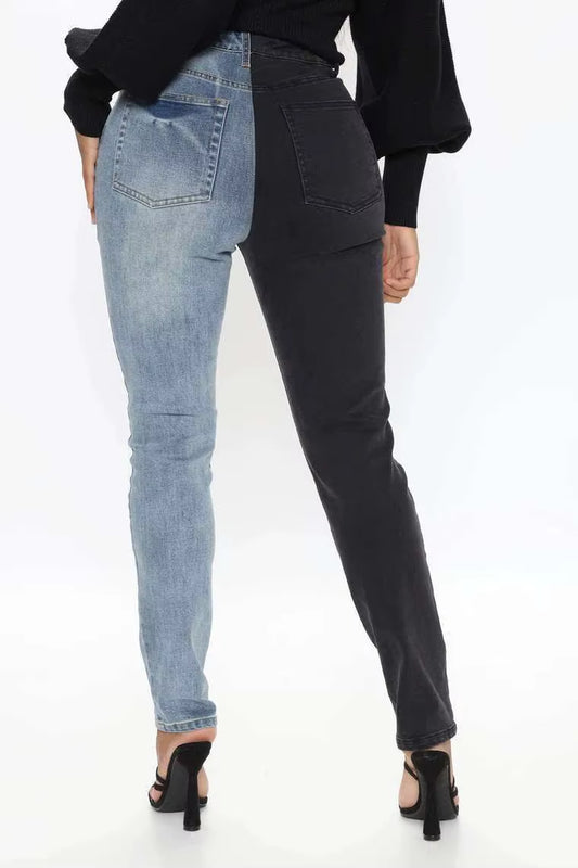 2021 Hot Sale Black Blue Contrast Color High Waist Jeans for Women Fashion Hole Stretch Denim Pencil Pants Hipster Trousers.