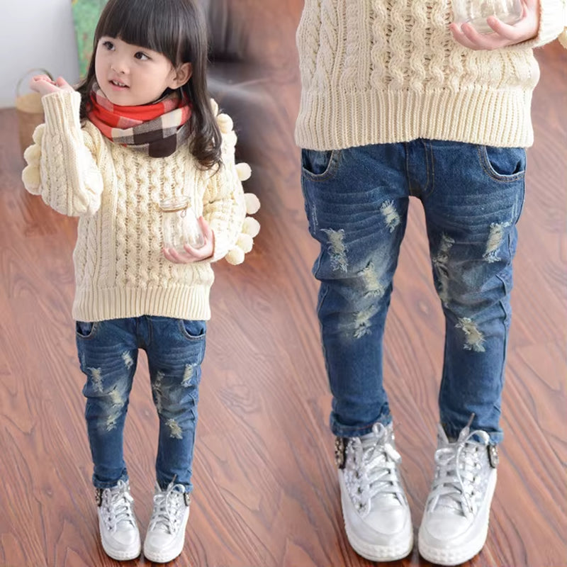 Cute Cartoon Pattern Kids Jeans Spring Autumn Winter Lovely Cat High Quality Children Pants Casual Trouses Baby Girls Jeans.