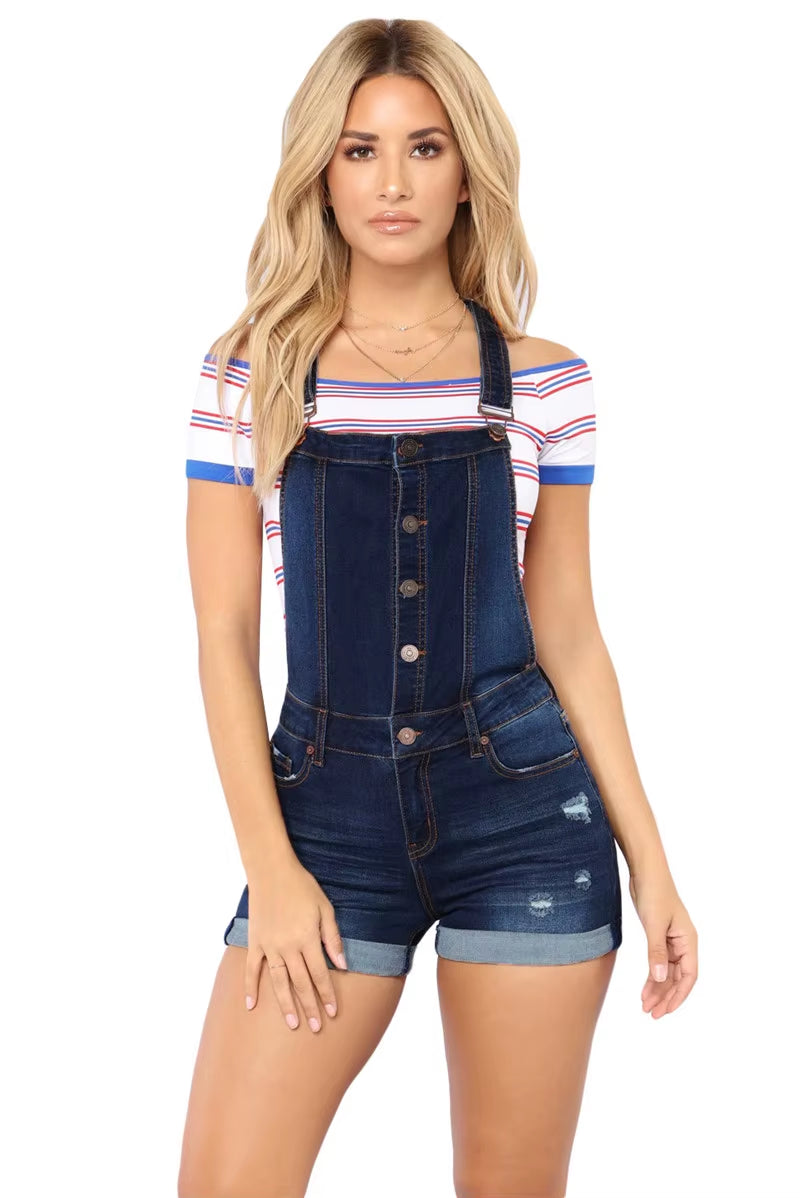 Short Denim Overalls Women Hole Jumpsuit High Waist Casual Jeans Playsuit Washed Salopette Straps 2019 Summer Romper.