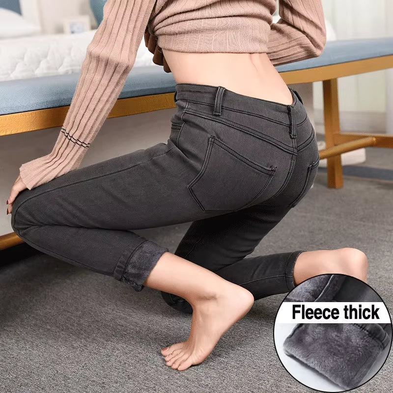 Warm Winter Size Slim Jeans Women Advanced Stretch Cotton Denim Pants Thick Fleece Student Trousers Blue Black Gray.