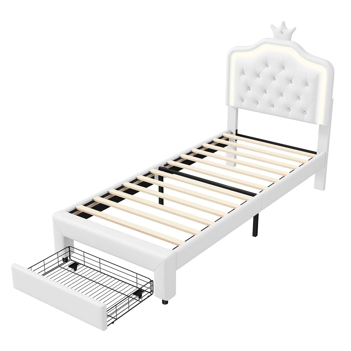 Kinderbett Polsterbett 90x200cm, Bett für Mädchen mit Schublade,Kronenförmiges Prinzessinnenbett mit LED-Lichtleisten,Weiß,PU