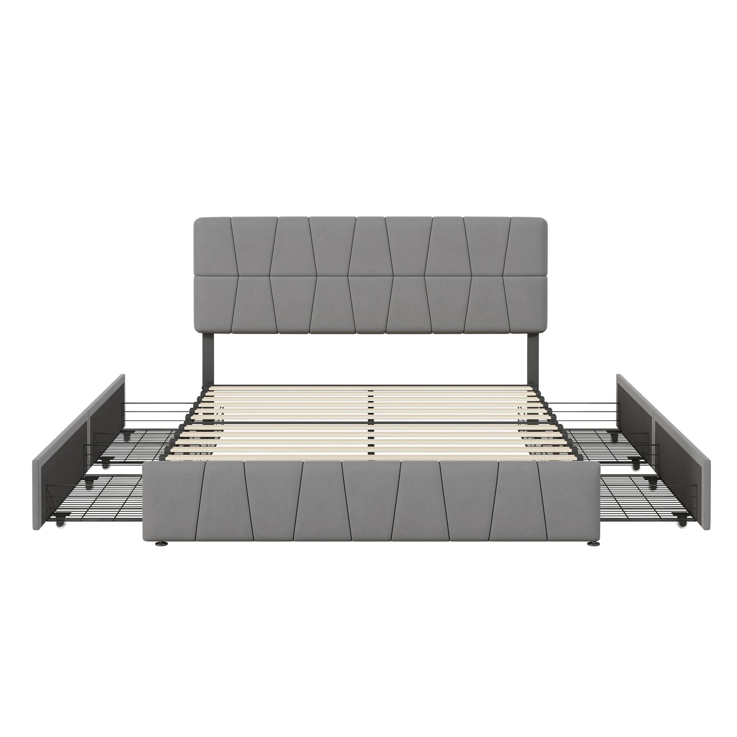 Rosahqnda Upholstered Bed 140x200cm,4 Storage Drawers,Modern Double Bed,Suitable for Adults,Teenagers,Gray,Velvet