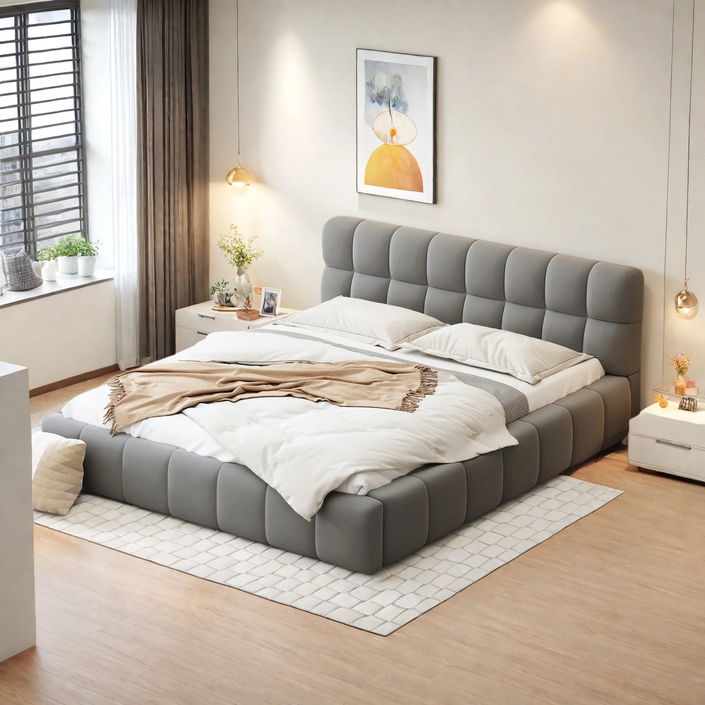 ROSAHQNDA Modernes Polsterbett, Doppelbett mit weicher Rückenlehne, Flachbett mit Polsterkante, Leinenstoff, ohne Matratze