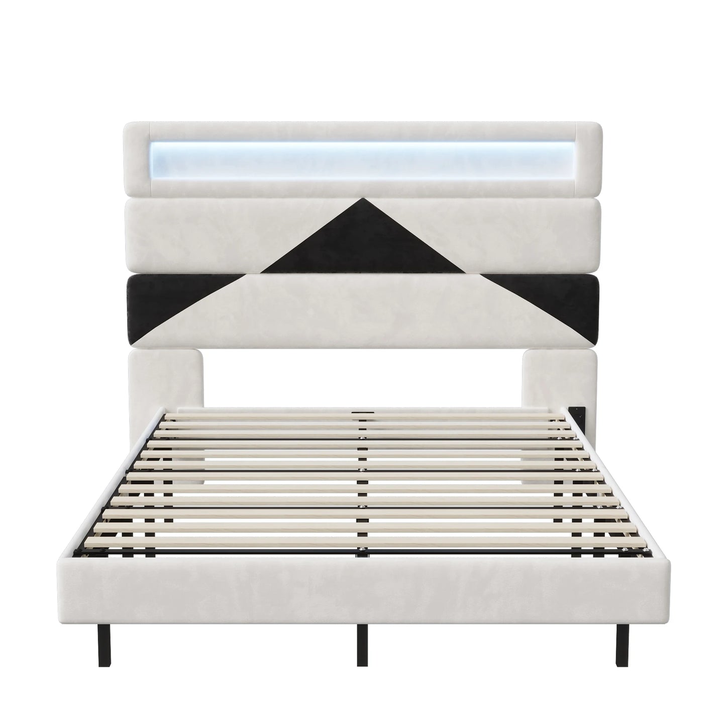 Rosahqnda Double Bed 140x190cm,Upholstered Bed with LED lighting and USB Charging Port,Youth Bed Ajudtable Headboard,WhiteVelvet