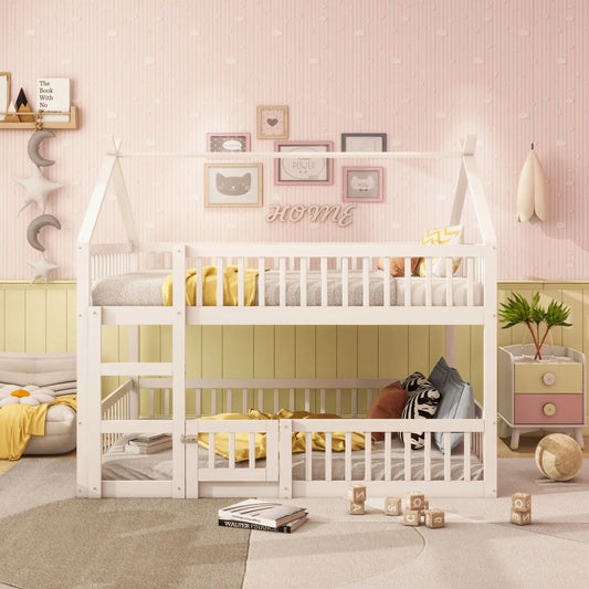 Anajqaqia Etagenbett 140 x 200 cm, Kinder-Familienbett mit Treppe und Tür, weiches Bett, Hausbettgestell mit Absturzsicherung, weiß