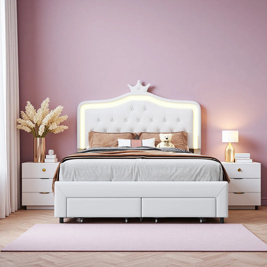 Polsterbett 140x200 cm für Kinder, Prinzessinnenkrone mit LED und Schubladen, Jugendbett mit höhenverstellbarem Kopfteil