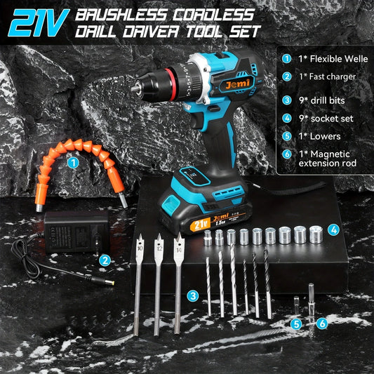 Jemi Tool Akku-Schlagbohrmaschine, mit zwei Geschwindigkeitseinstellungen, ausgestattet mit verschiedenen Größen von Bohrern und Zubehör