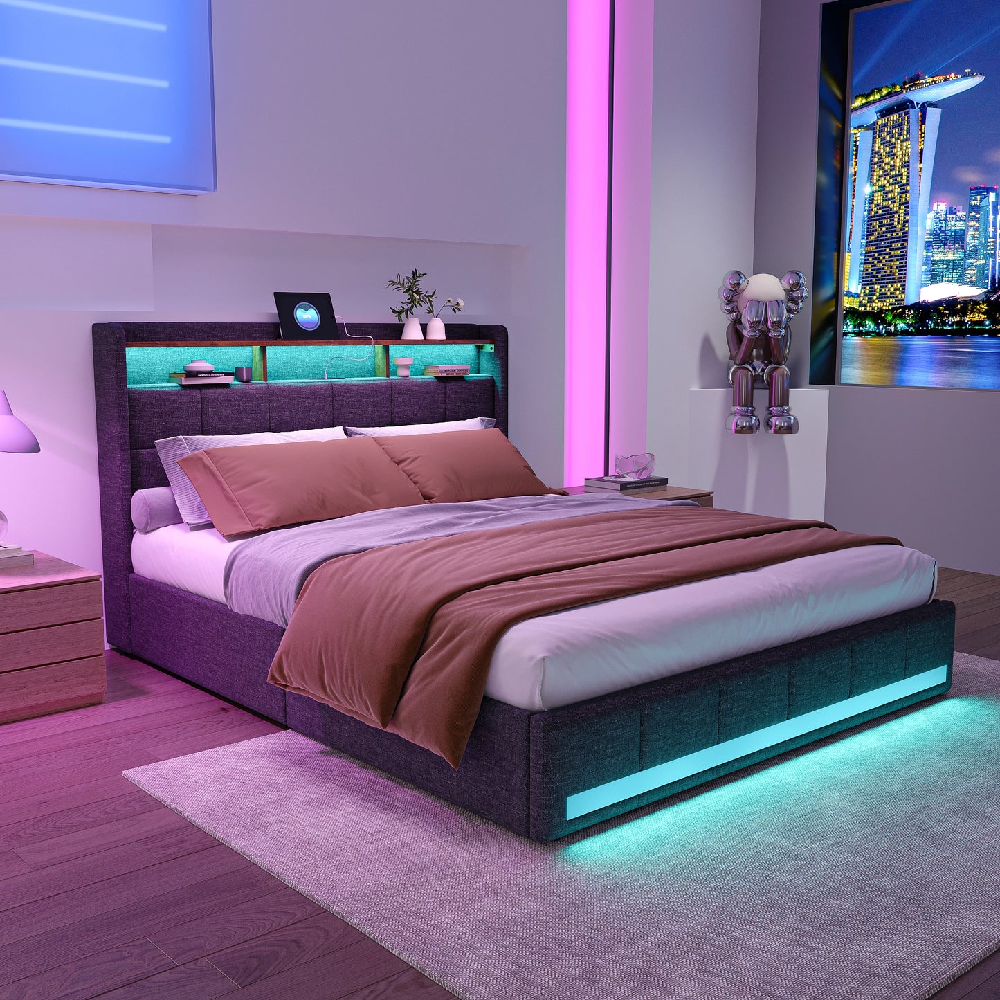 Rosahqnda Modernes Doppelbett mit Schubladen, einzigartiges Polsterbett, mit Ladeanschluss, Bettrahmen mit Stauraum