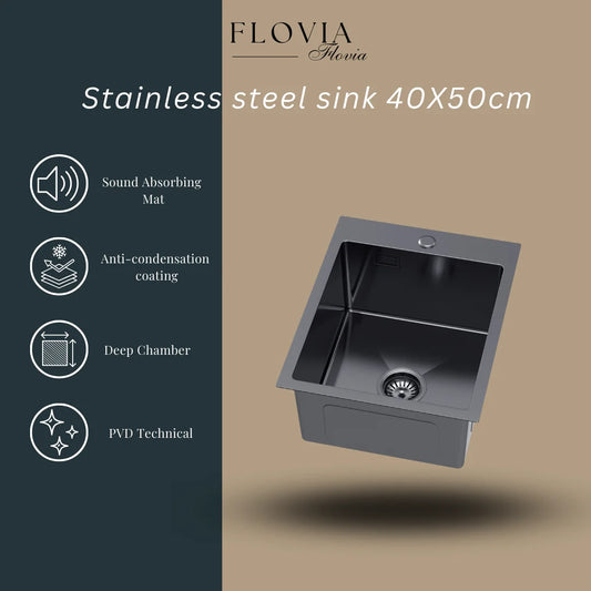 Küchenspüle aus Edelstahl, 40 x 50 cm, Graphit, Einzelschüssel mit Siphon, leicht zu reinigen, handgefertigte Spüle für die Küche
