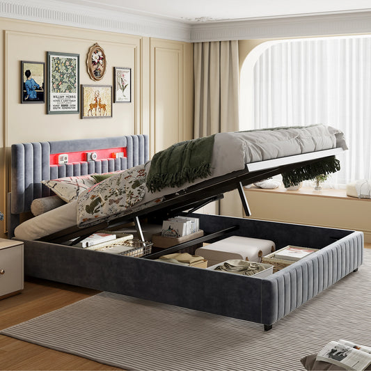 Rosahqnda 140x200 Bett mit Stauraum und Untergestell, gepolstertes Bett mit Stauraum, Doppelbett mit LED, Bettgestell aus Samt, mit Lattenrost, Grau