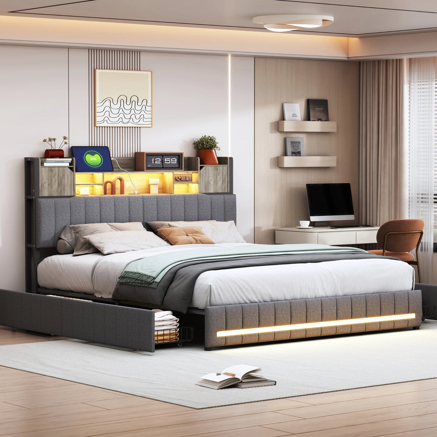 Rosahqnda gepolstertes Doppelbett mit LED-Kopfteil und USB-Anschluss, Stauraumbett mit 4 Schubladen, Leinen, ohne Matratze