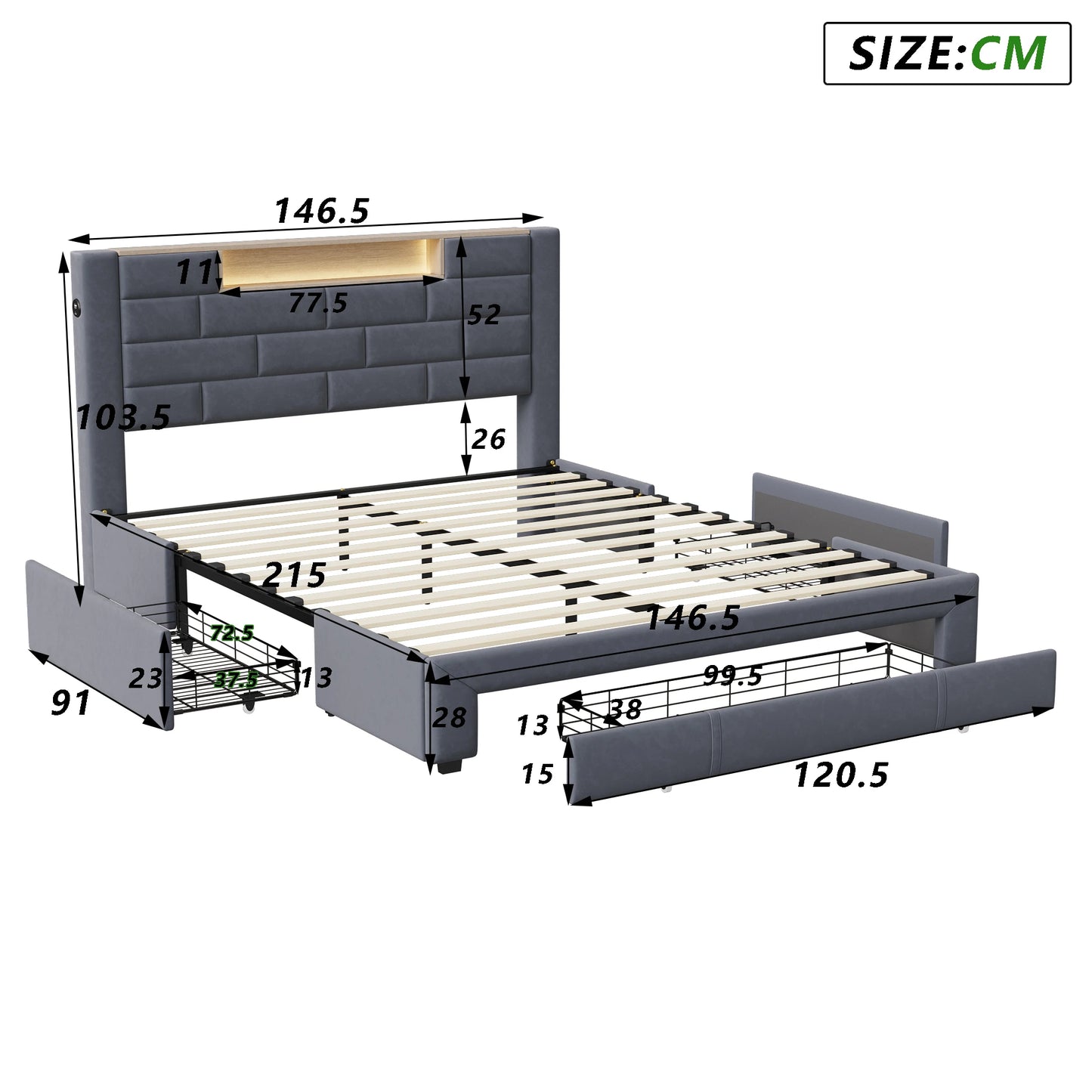 Upholstered Bed 160x200cm with LED and USB Charging Socket,Drawer Storage Bed,Bedside Storage,Adult Livingroom,Gray,Velvet