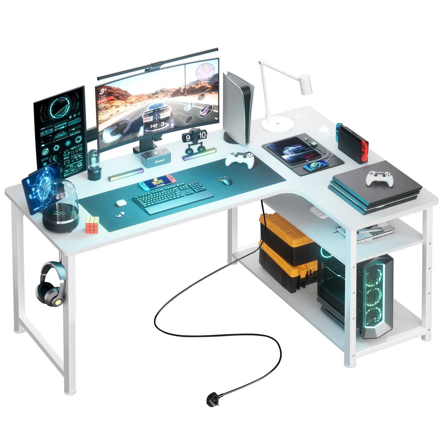 COMHOMA Schreibtisch Gaming Tisch mit Regal, Eckschreibtisch mit USB-Ladeanschluss und Steckdose, 120cm Computertisch L Form, PC