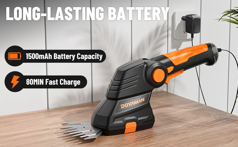 DOVAMAN 7,2 V Akku-Rasenschere, Griff mit drei Positionen, 80-Minuten-Schnellladung, 1500 mAh Akku, kompakte elektrische Schere