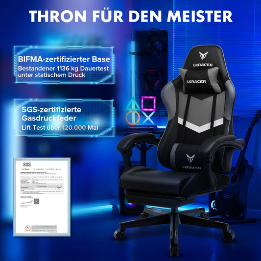 LUCKRACER Gaming Stuhl mit fußstütze Bürostuhl Ergonomisch mit verstellbare Lendenkissen, Kopfkissen Gaming Chair