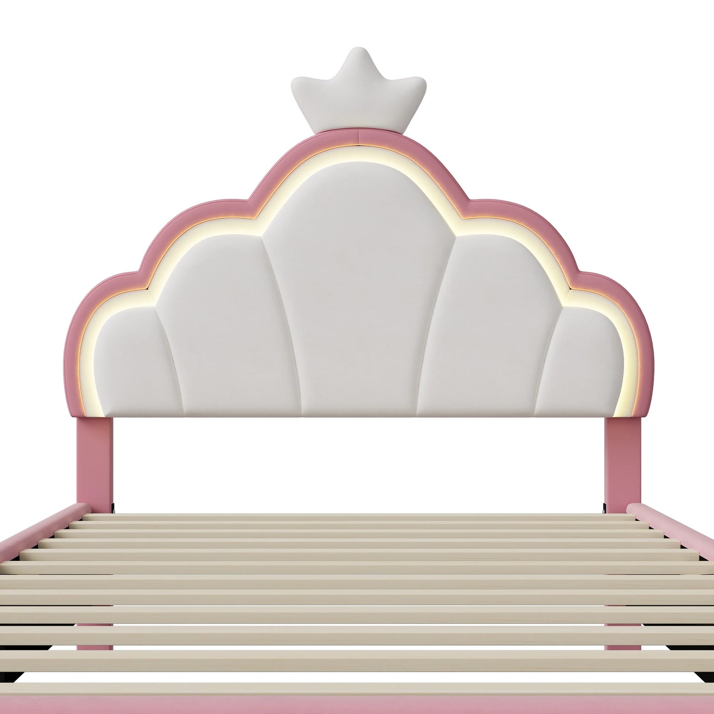 Anajqaqia 90x200cm gepolstertes Einzelbett, Kinderbett, mit Kronpenkopfteil und LED-Beleuchtung, Samtstoff, Rosa