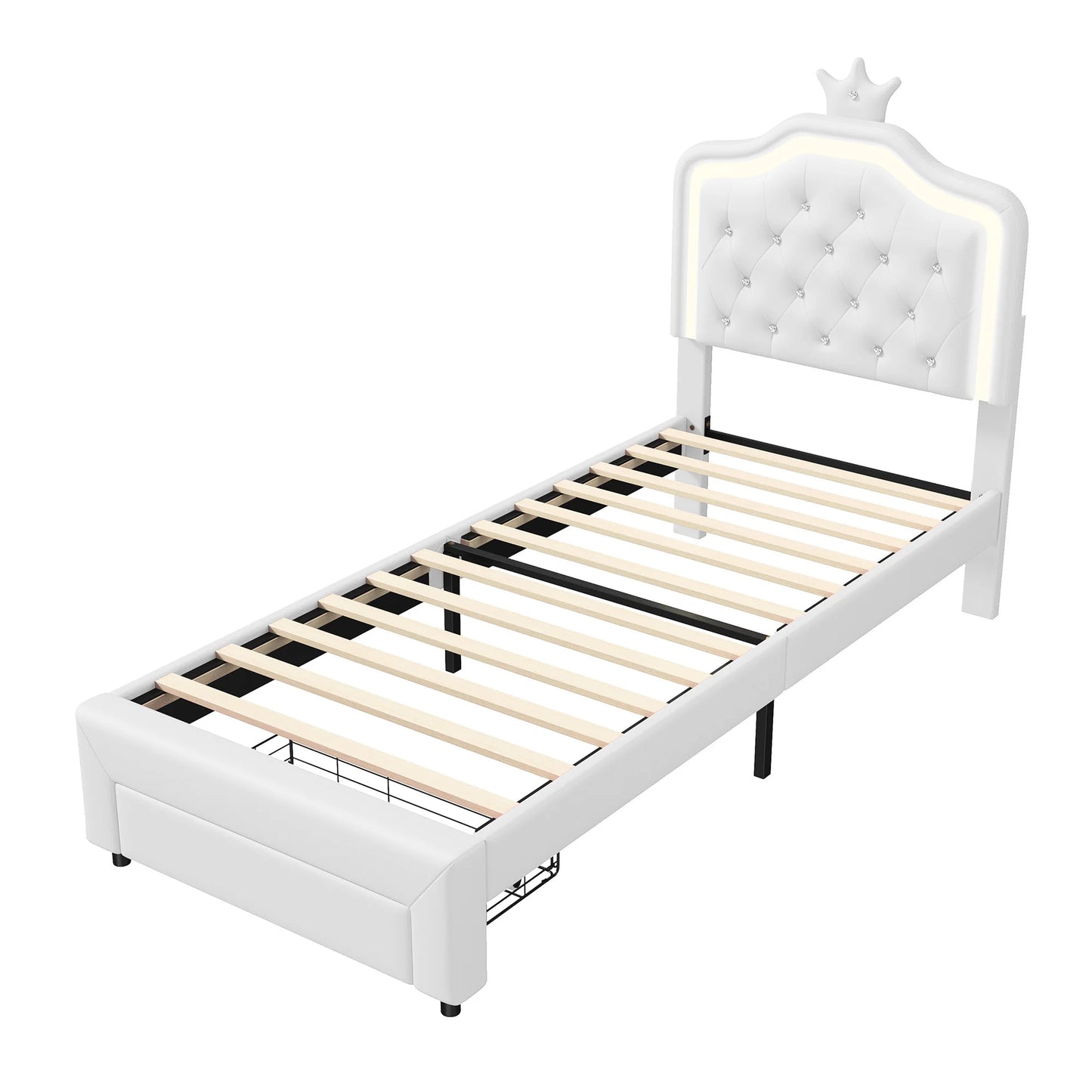 90x200cm Polster bett, Einzel bett mit Lattenrost und Rückenlehne, mit LED und großem Stauraum, PU, White, ohne Matratze