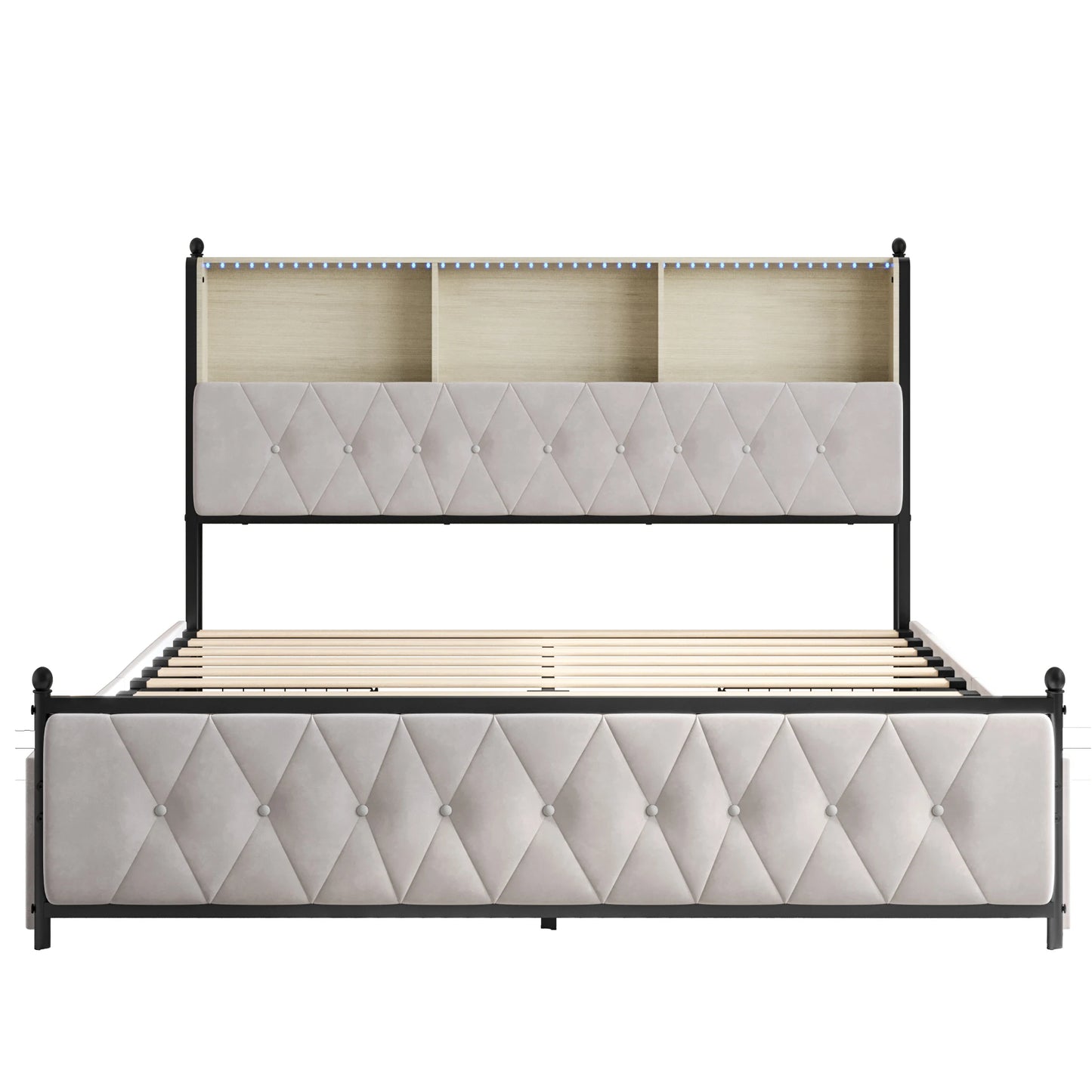 ROSAHQNDA Modernes gepolstertes Bettgestell mit Schubladen, LED-Bücherregal-Kopfteil mit USB-Anschlüssen, 140/160/180 cm, ohne Matratze