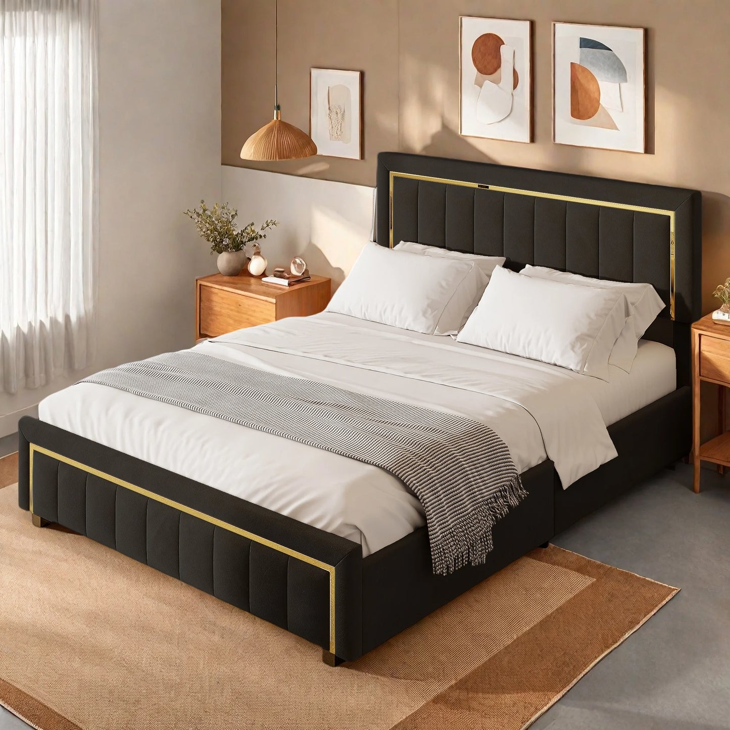 Polsterbett 140x200 Doppelbett mit Stauraum, Bett mit Lattenrost und Hydraulisch Stauraumbett Rückenlehne Bettgestel Jugendbett