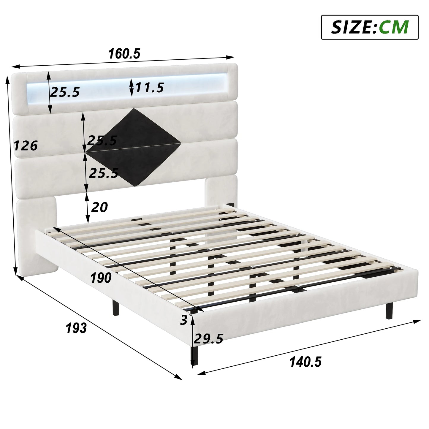 Rosahqnda Schwebebett 140*190cm Doppelbett Rahmen 160*200cm mit LED&USB Polsterbett Erwachsenenwohnung Jugendbett Samt