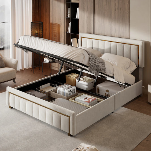 Rosahqnda Doppeltes gepolstertes hydraulisches Bett, 140-160 * 200 cm, großer Stauraum, Gästebett, Samt, schwarz, beige