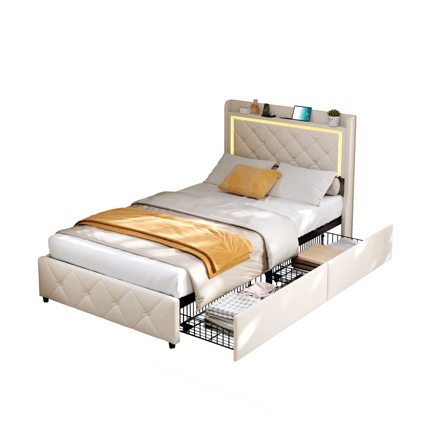 Rosahqnda Polster-Einzelbett 90 x 200 cm mit LED, Jugendbett mit USB/Typ-C, Bettkasten, Holzrahmen, Flanell (ohne Matratze)