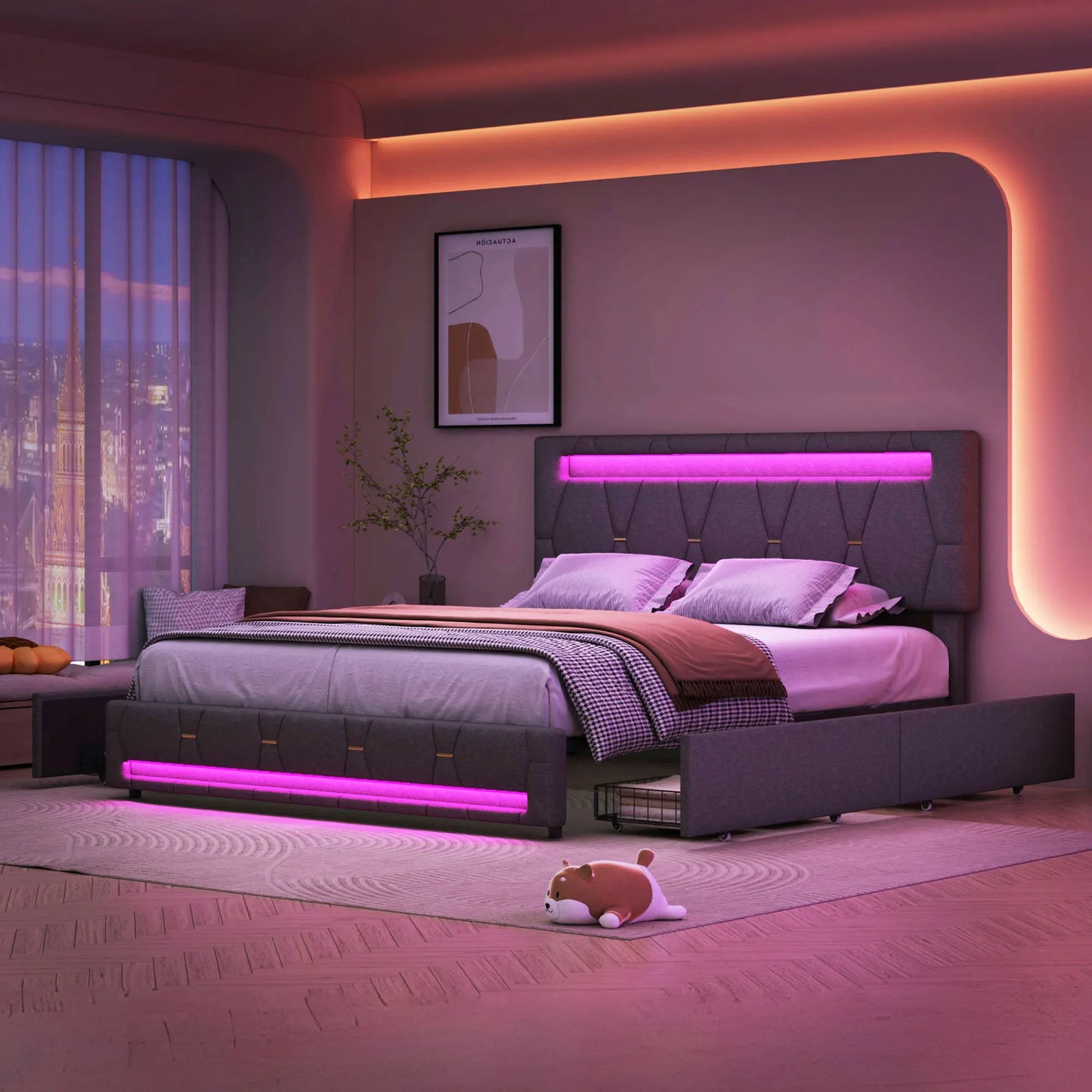 WoodenAura Bett 160x200 cm LED Doppelbett mit USB-Ladefunktion, Polsterbett Stauraumbett mit 4 Schubladen,Verstellbares Kopfteil