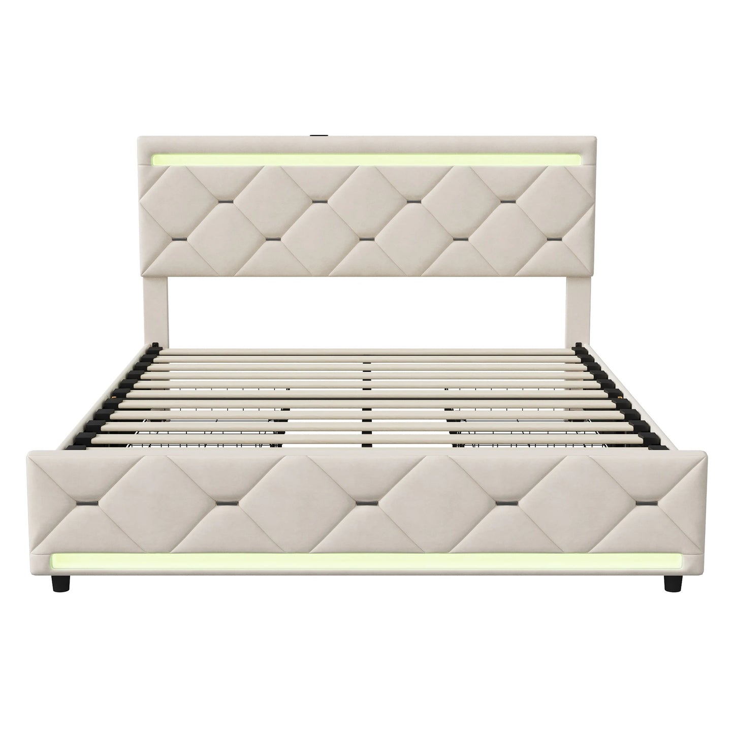 Rosahqnda gepolstertes Bett mit Stauraum, USB-Ladefunktion und LED-Kopfteil und 4 Schubladen, Doppelbettrahmen