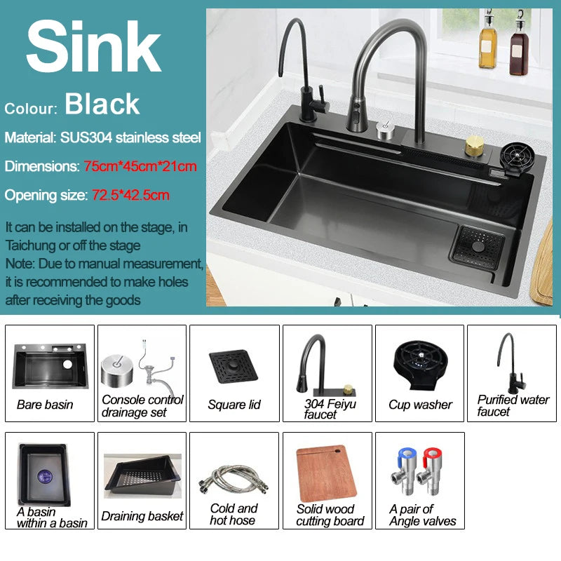 under the household sink Black Stainless Steel Nano Undermount/Drop in Waterfall Single Bowl Kitchen Sink With Pull-Out Fauce