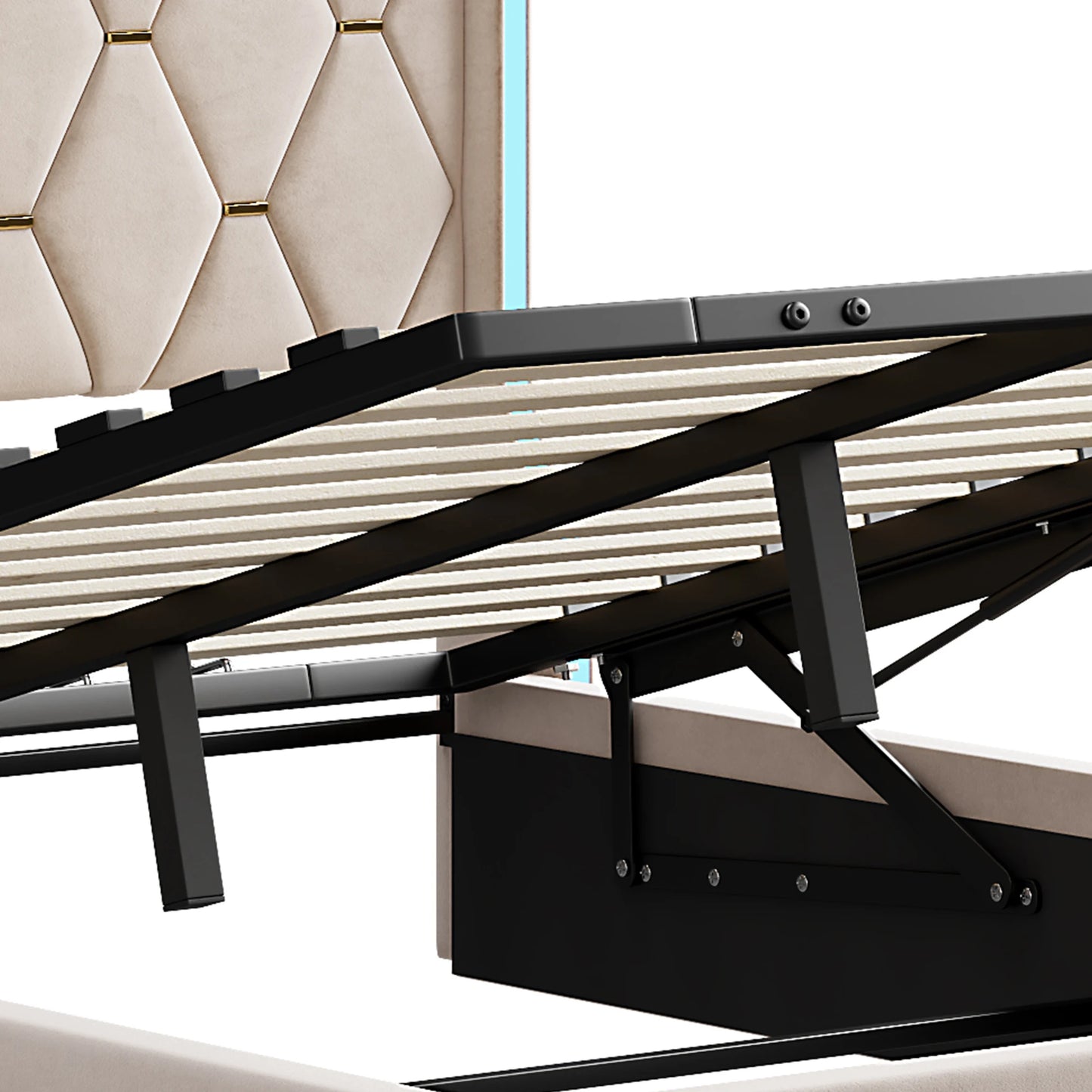 Bett 140x200 cm, Polsterbett mit Hydraulischem Stauraum und LED-Kopfteil, Doppelbett Stauraumbett mit Lattenrost, Funktionsbett