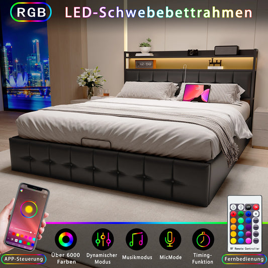 Polsterbett 140x190 cm, mit LED-Beleuchtung und USB, mit Rückenlehnenrahmen, hydraulisches Speicherbett, Funktionsbett, PU