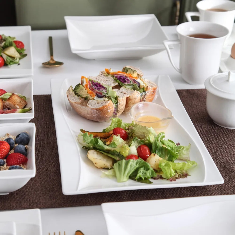 MALACASA Carina 2-Piece Ivory White Porcelain Dinner Plate Set Tableware Fruit Snack Dishes with 11" & 13.25" Rectangular Plate.