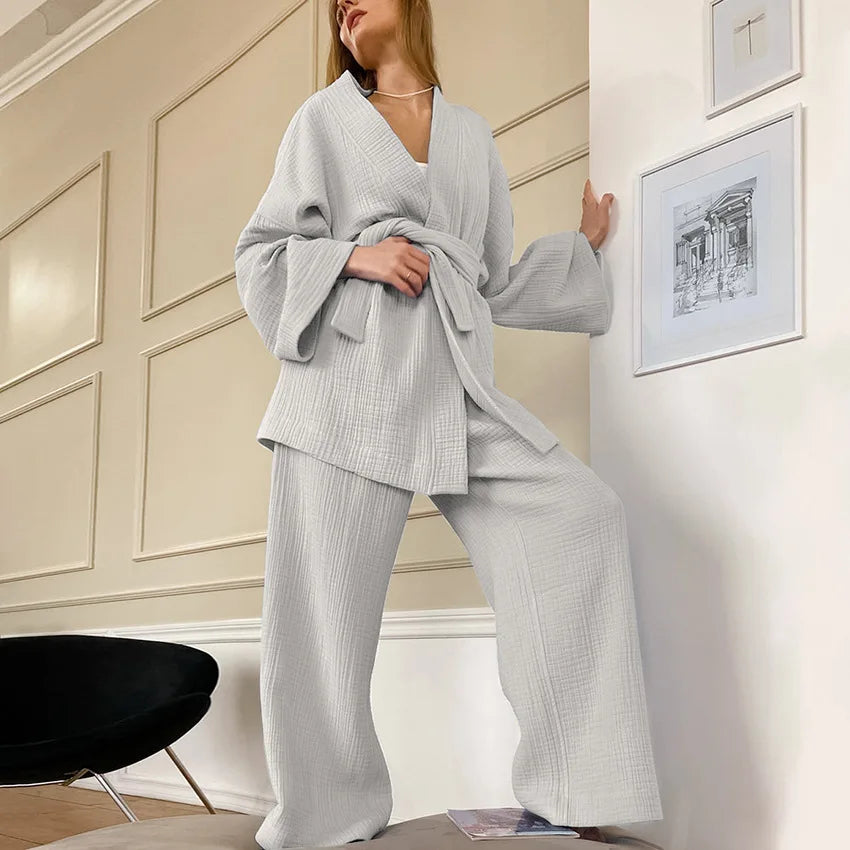 NHKDSASA Kimono Pajamas 2023 New 100% Cotton Crepe Long-Sleeved Trousers Ladies Sleepwear Suit Women's Home Service Mujer