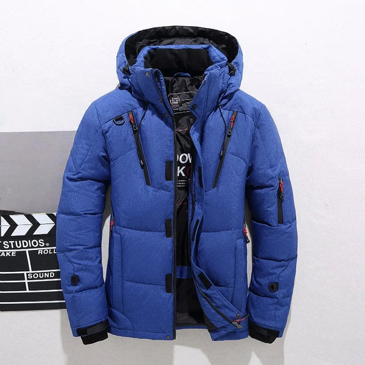 Customized logo Men's White Duck Down Jacket, Warm Hooded Thick Pufferfish Jacket, Men's Casual Coat, Warm Canadian Winter.