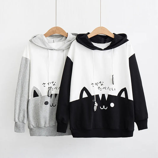 Spring Ladies Long Sleeve Cat Sweatshirt Womens Casual Kitty Cat Print Pocket Thin Hoodie Blouse Top Shirt худи женское платье.