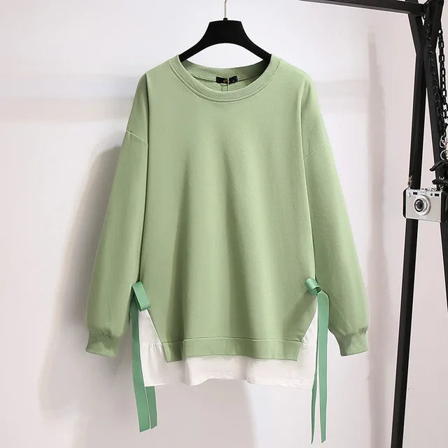 150Kg Plus Größe frauen Herbst Lose Oansatz Sweatshirts Fehlschlag 157cm 6XL 7XL 8XL 9XL 10XL Beiläufige Lange-ärmeln Gefälschte Zwei-stück Top