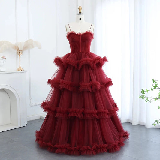 Arabic Burgundy Tulle Tiered Ruffles Evening Dresses With Gloves Pink Spaghetti Straps Wedding Party Gowns SF049-2.