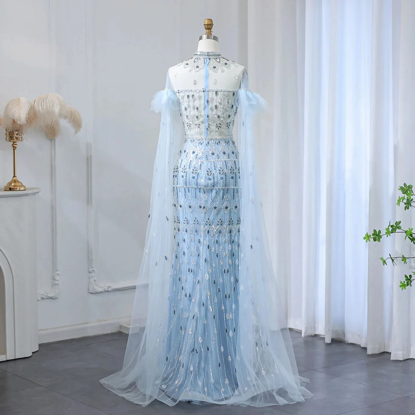 Jancember SZ096 Wholesale Illusal Lace Long Gown Women Party Plus Size Fashion Elegant Light Blue Evening Dress.