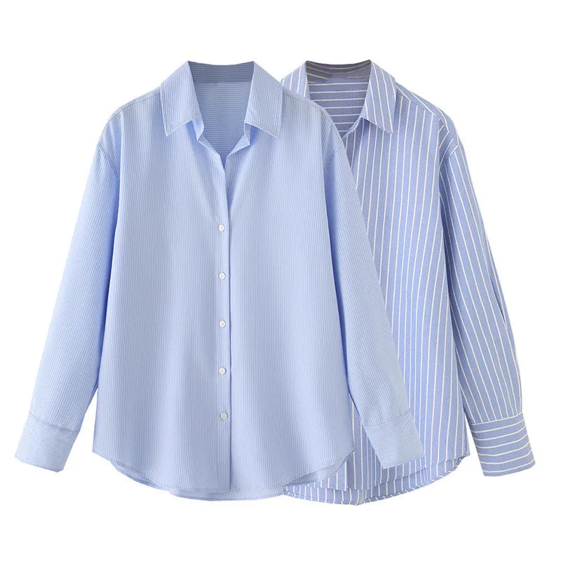 KAR&OT ZA Women's Clothing 2025 Summer New Style Button-down Minimalist Striped Long-sleeved Lapel Shirt Top 2350485.