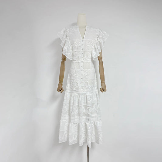 New Summer Elegant Embroidered Flowers Lotus Sleeves V-neck Woman Dress Lady Cotton Casual Dress.