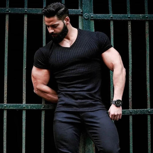 Men V Neck Short Sleeve T Shirt Fitness Slim Fit Sports Strips T-shirt Male Solid Fashion Tees Tops Summer Knitted Gym Clothing.