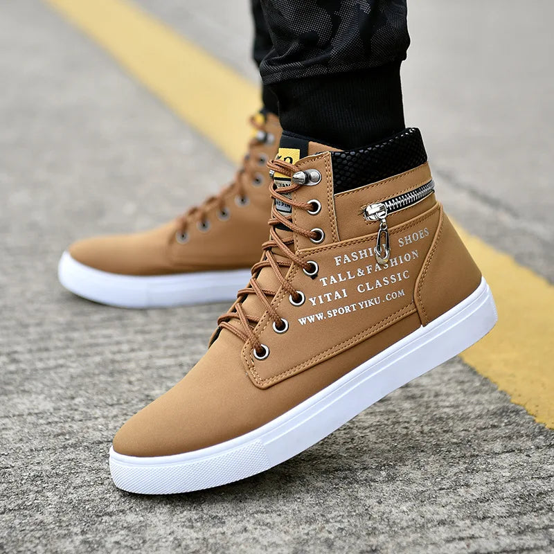 Spring Autumn High Top Men's Shoes Leather Men's Casual Sneaker Shoes Lace-up Wild Platform Sneakers Flat Vulcanized Shoes.