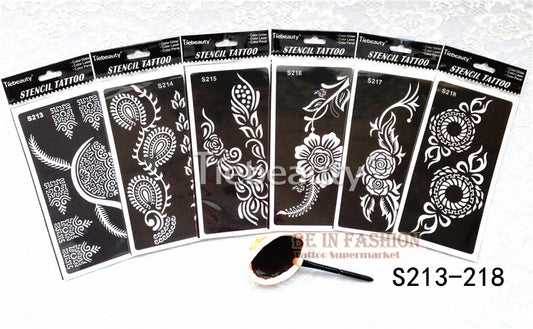 6pcs/lot Mehndi Indian Henna Tattoo Stencil reuseable Henna Tatoo Template Professional Tattoos Stencil For hand Painting bride.