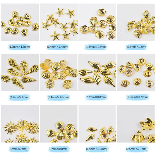1 Box Gold Ocean Theme Metal Studs Sea Starfish Shell Turtle Slice Flakes 3d Nail Art Decoration In Wheel DIY UV Manicure Tools.