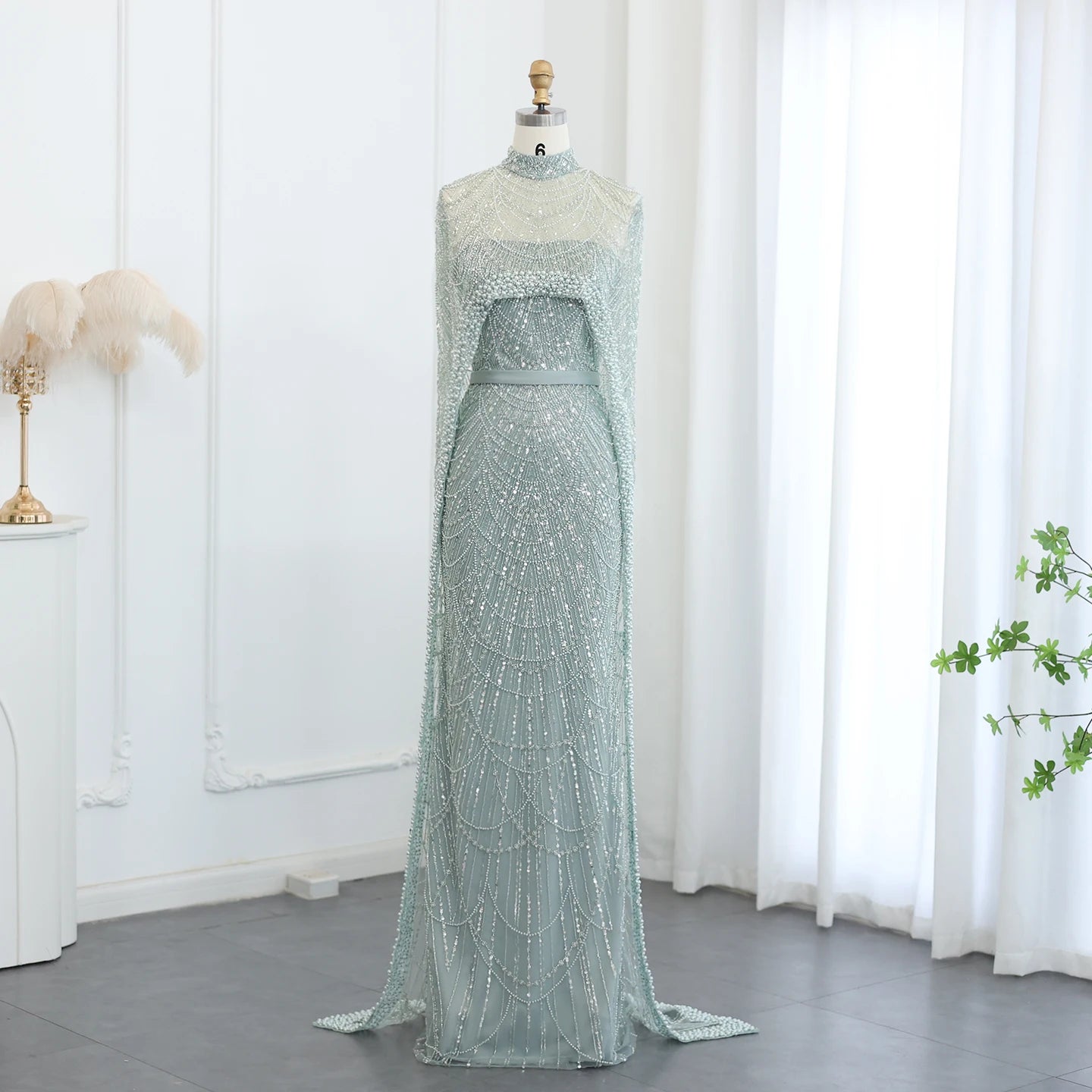 Jancember SZ369 Luxury Heavy Beaded Pearls Mermaid Evening Party Dresses With Shawl.