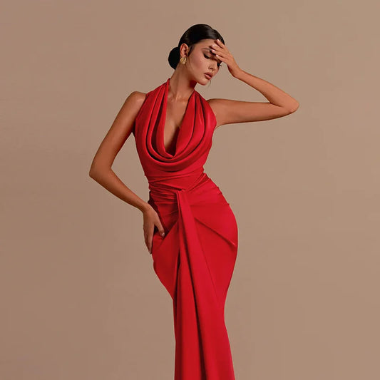 Sexy Swinging Collar Backless Pleated Long Dress Women Red Stain Sleeveless Draped Design Long Dress Club Party Women Maxi Dress.