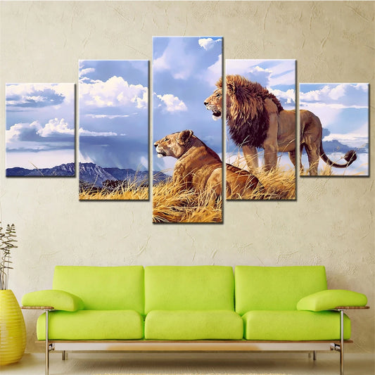 Lion and Lioness Scenery Wall Art Canvas Set Landscape Animal Painting for Interior Modular Bedroom Decoration Modern Home Decor.