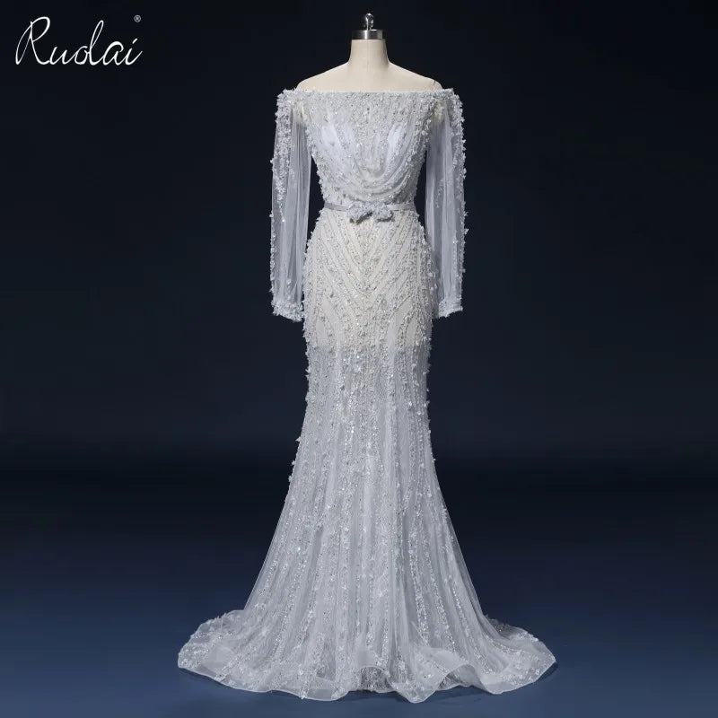 PEV-L3058 Luxury Heavy Beaded Party Gowns See Through Long Sleeve Customized Sexy Off Shoulder Evening Dress From Istanbul.