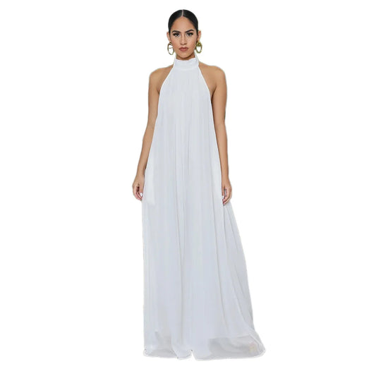 Women Fashion New Loose Sleeveless Solid Color Halter Sexy Backless Wide Leg Long Pants Lady Siamese Trousers Casual Jumpsuit.